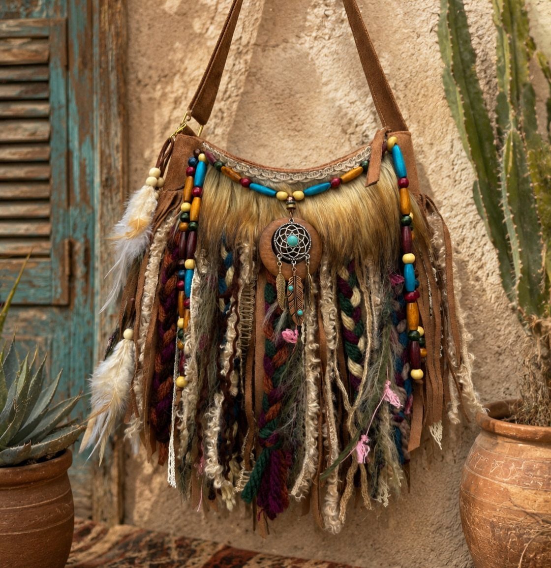 A bohemian shoulder bag decorated with colorful yarn tassels, feathers, beads, and a dreamcatcher hanging on a wall.