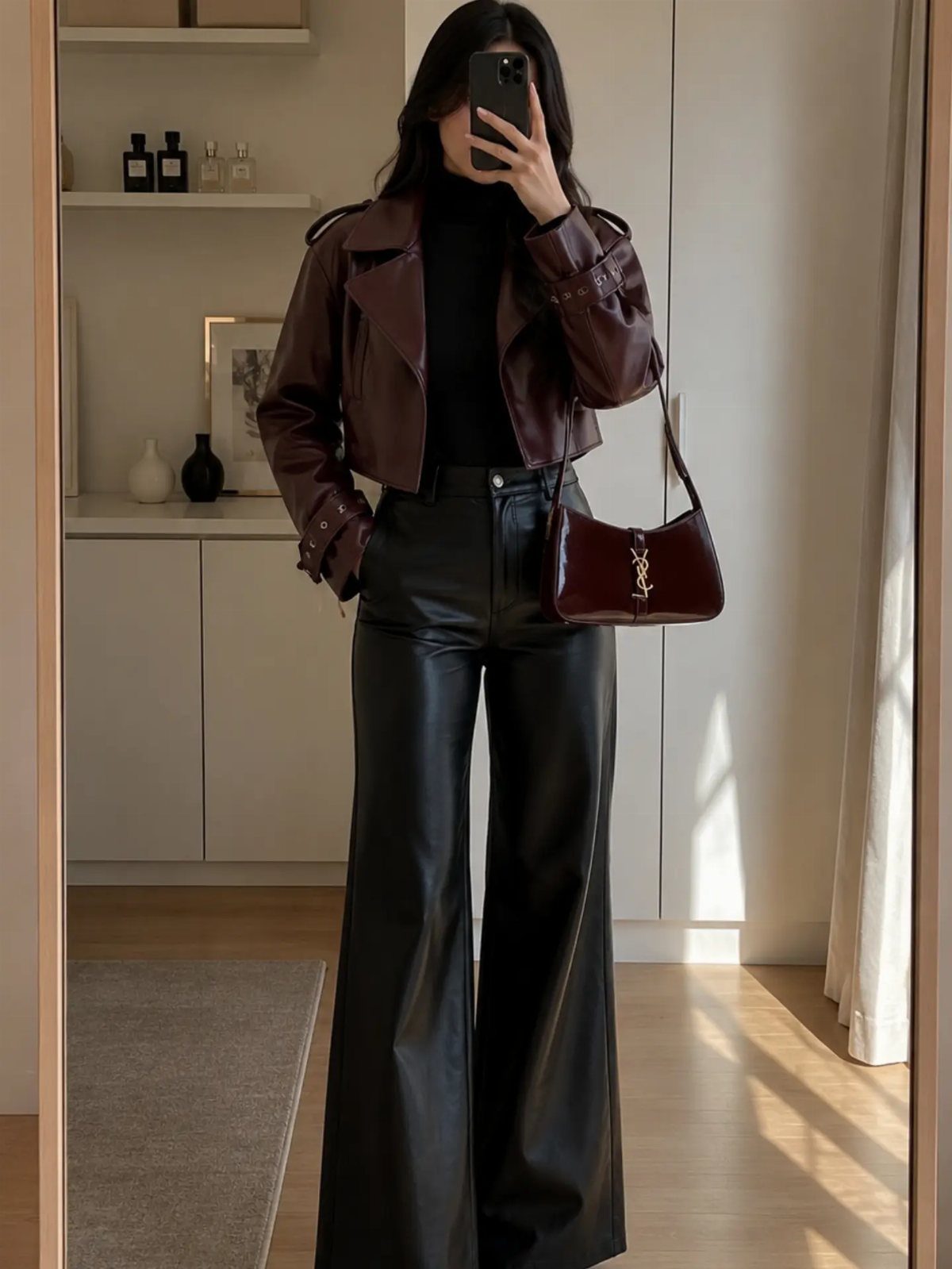 Person posing in a mirror wearing a burgundy leather jacket and black leather wide-leg pants.
