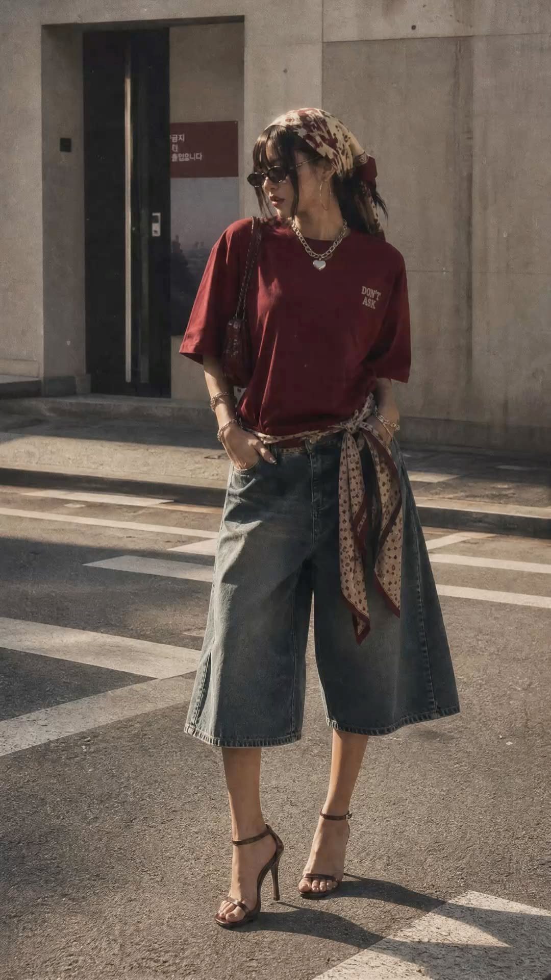 Woman in maroon t-shirt and wide-leg denim culottes standing on a city street.