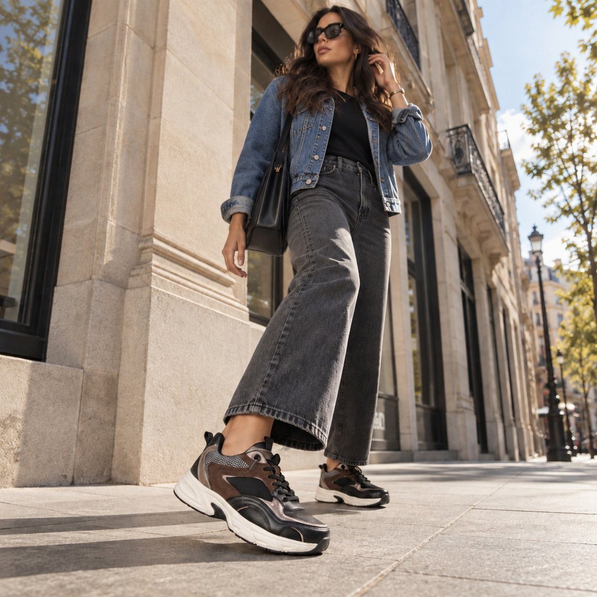 A woman walking down a city street wearing chunky brown and black sneakers and wide-leg jeans.