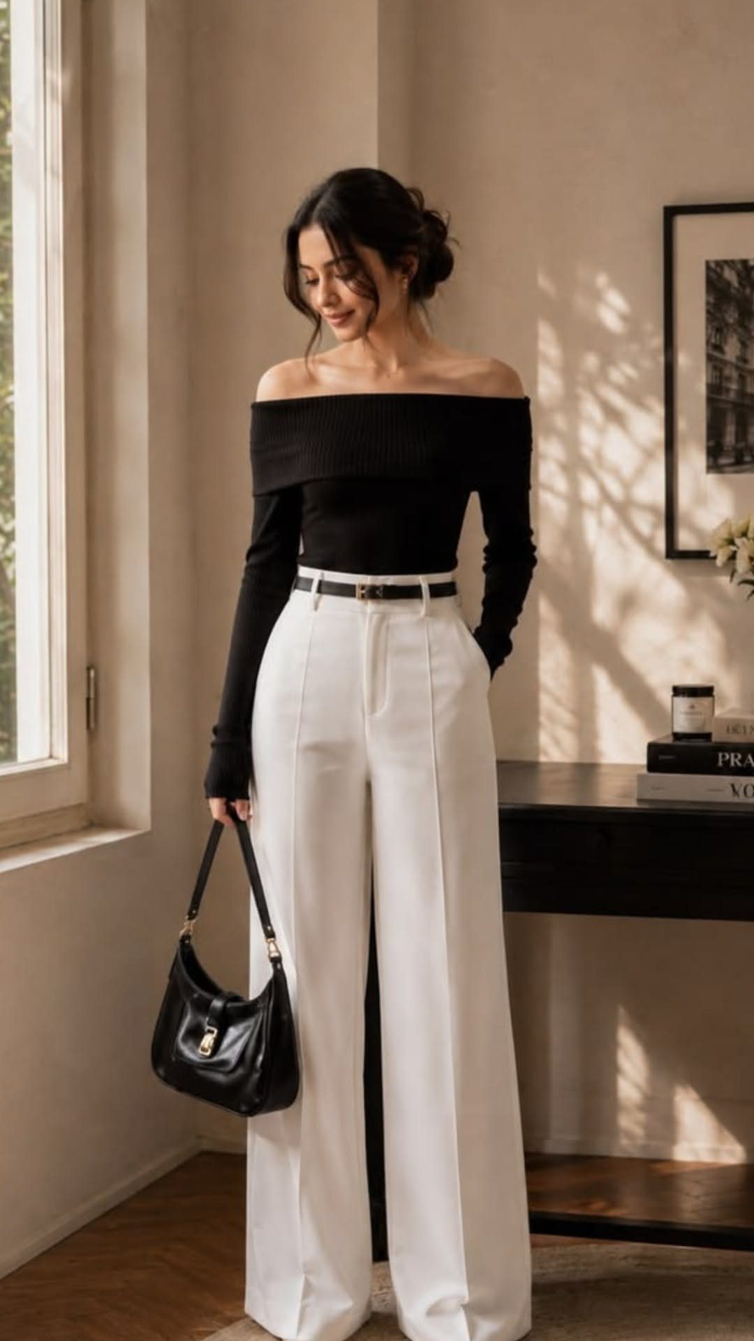 Woman in black off-the-shoulder top and white wide-leg trousers holding a black handbag.