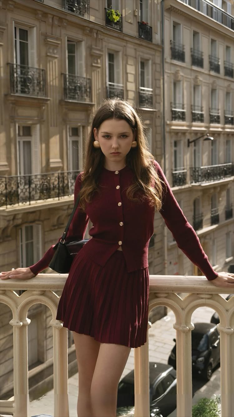 A woman wearing a burgundy cardigan and a matching pleated mini skirt on a balcony.
