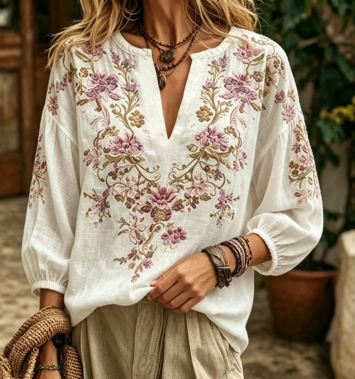 Woman wearing a white blouse featuring detailed pink and gold floral embroidery and linen pants.