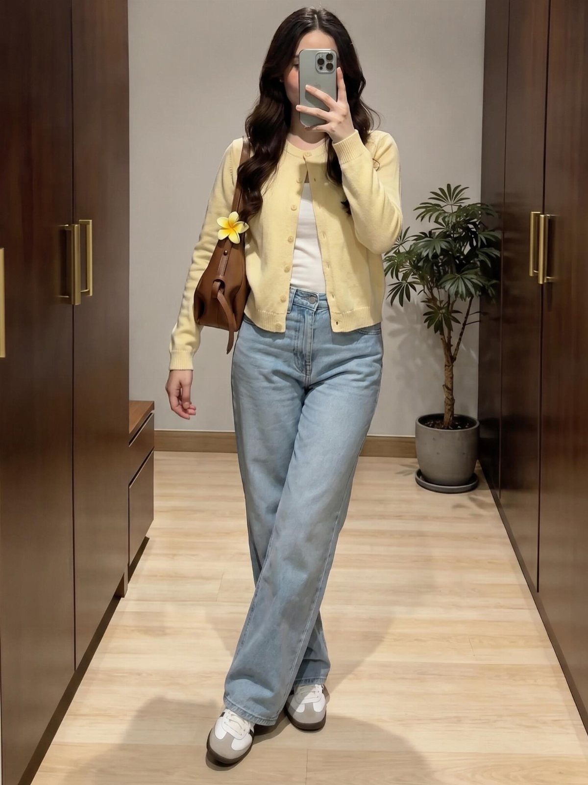 Woman posing in a yellow cardigan and light blue wide-leg jeans.