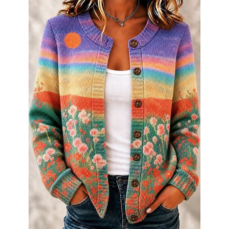 A person wearing a vibrant, multi-colored floral knit cardigan over a white top and jeans.