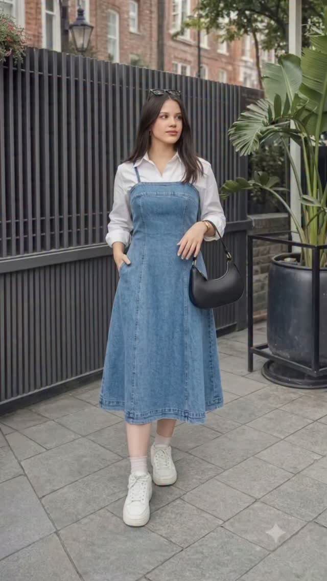 Woman wearing a denim midi pinafore dress over a white shirt and white sneakers.
