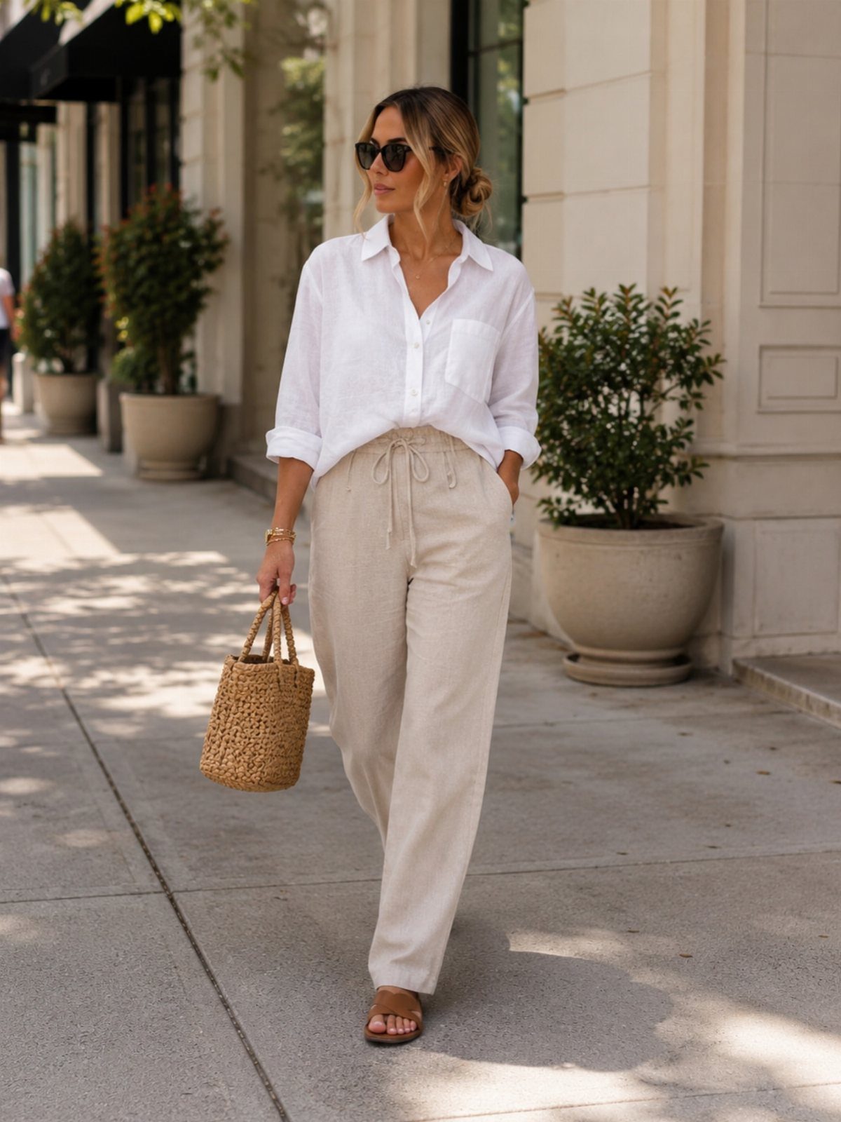 Woman walking in a city wearing white shirt and beige straight-leg trousers.