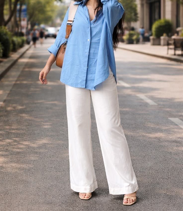 A person wearing a blue shirt, white wide-leg pants, and tan sandals standing on a street.