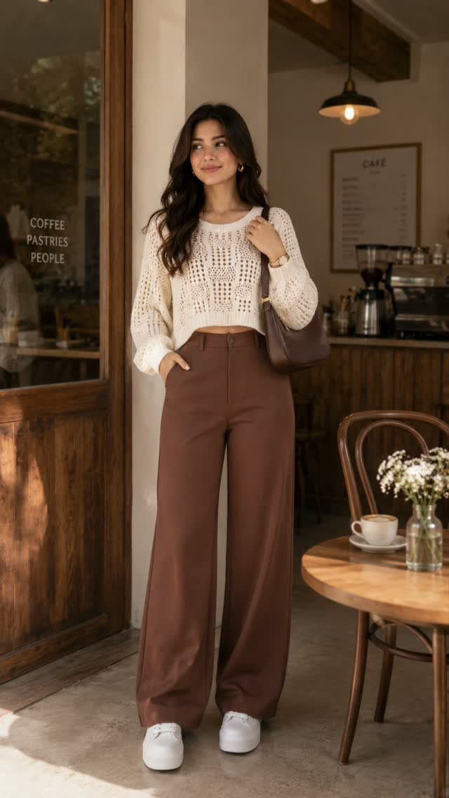 A woman wearing a white crochet top and brown wide-leg trousers standing near a cafe.