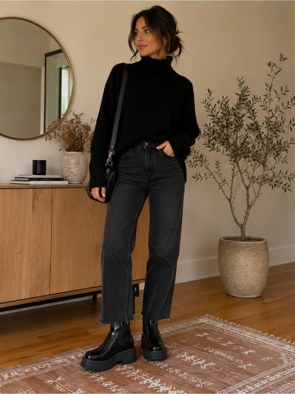 Woman wearing a black turtleneck, dark jeans, and black platform Chelsea boots standing in a room.
