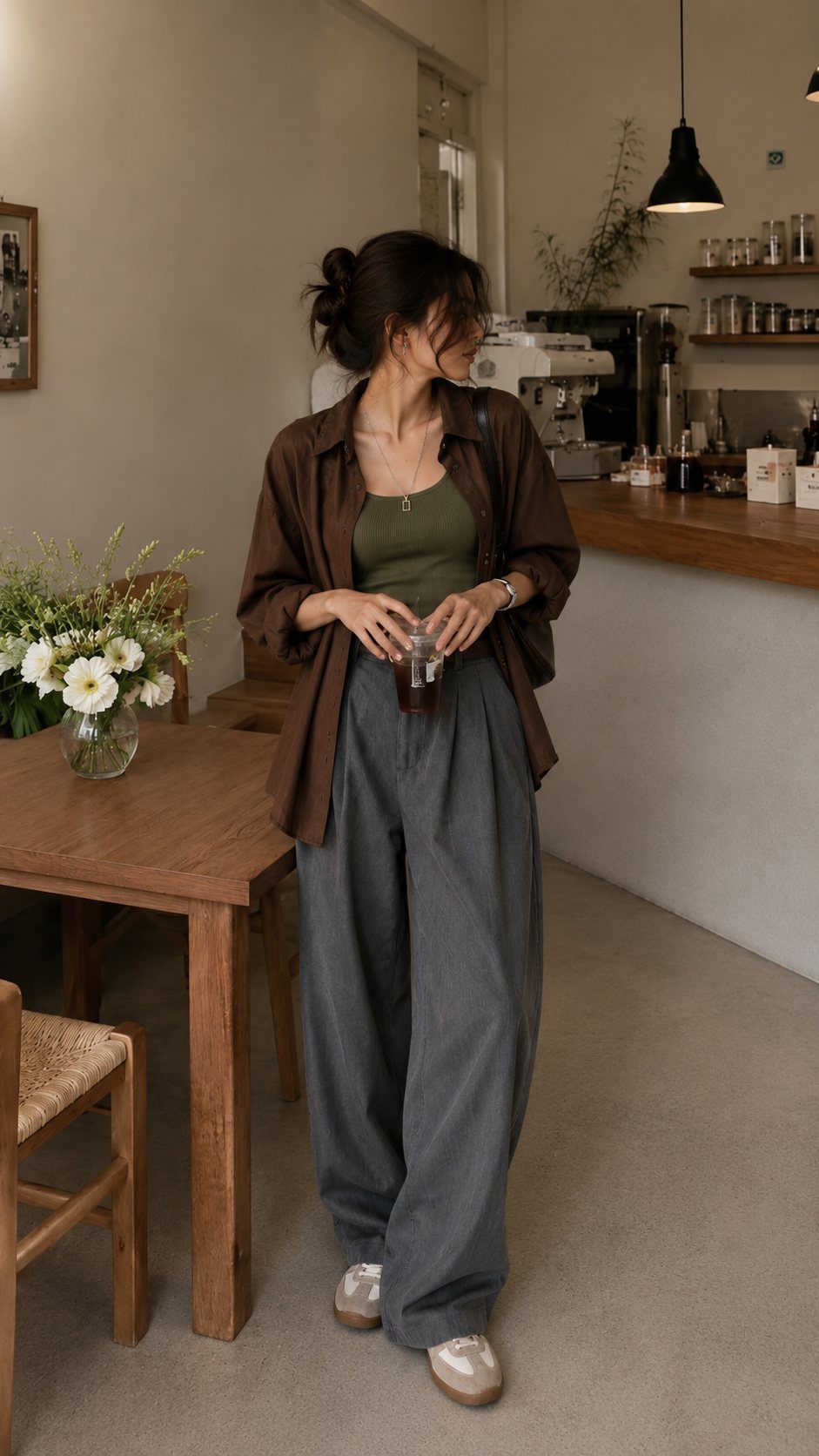 Woman wearing earthy toned olive, brown, and grey clothing standing in a cafe.