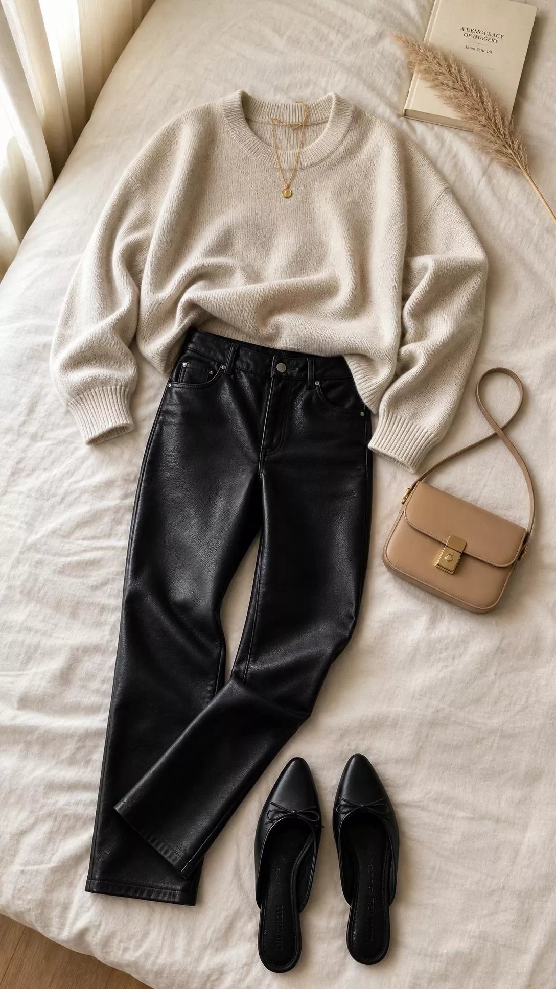 Cream knit sweater and black leather pants laid out with tan accessories on a bed.