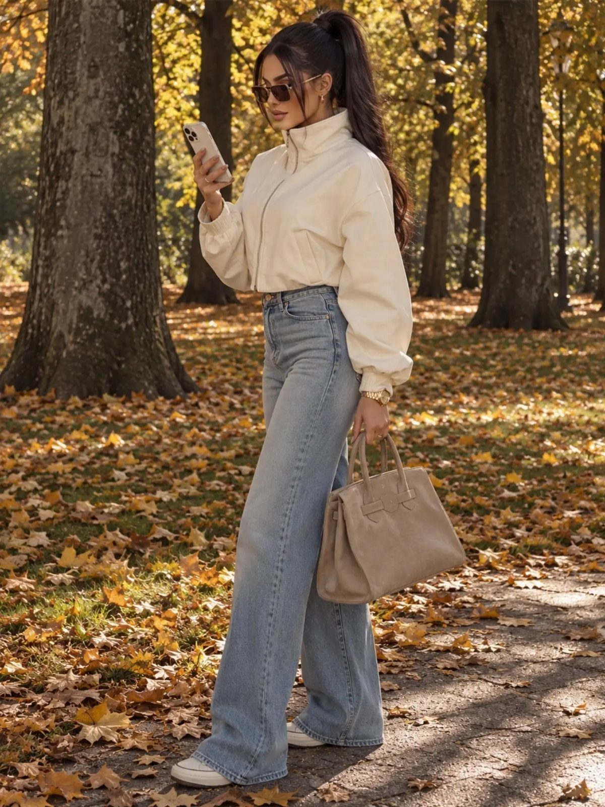 Woman wearing a cream jacket and wide-leg jeans walking through a park with autumn leaves.