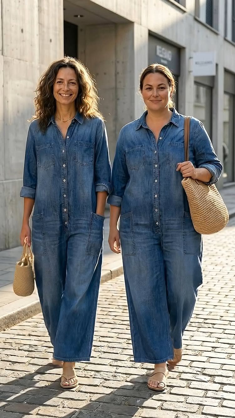 Two women walking outdoors wearing matching blue denim jumpsuits and carrying straw bags.
