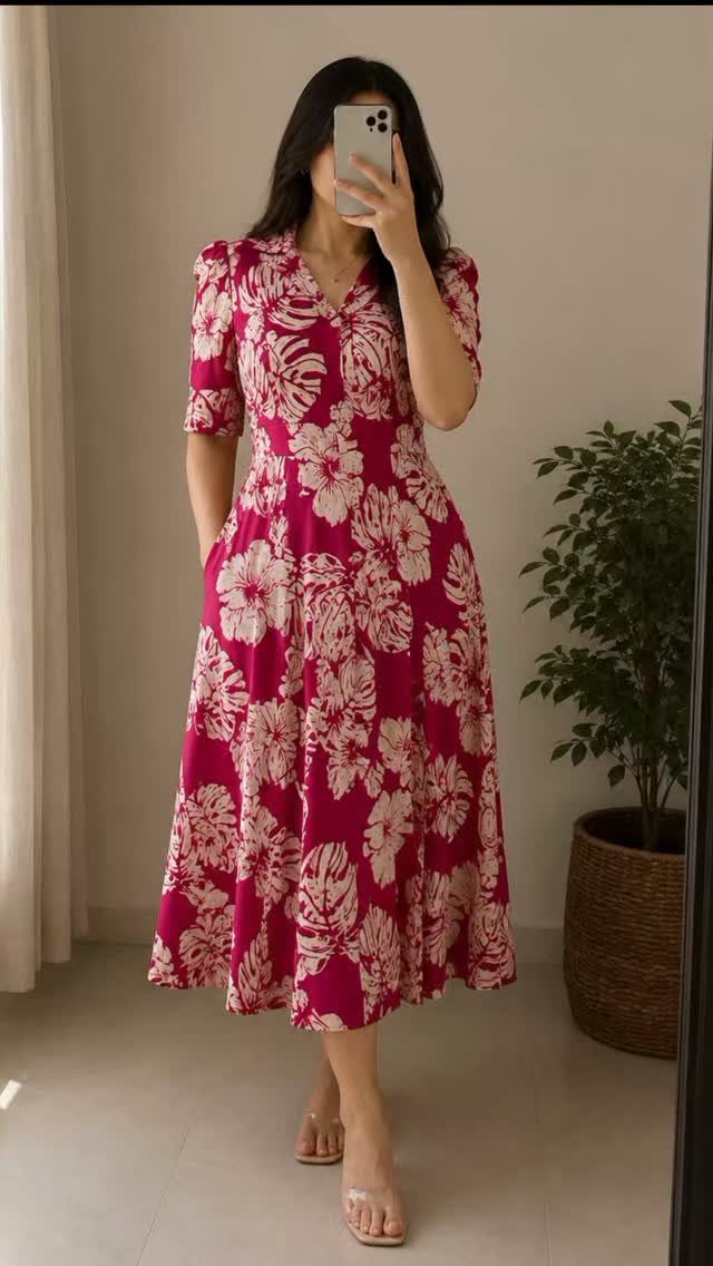Woman in a pink floral midi dress posing for a mirror selfie indoors.