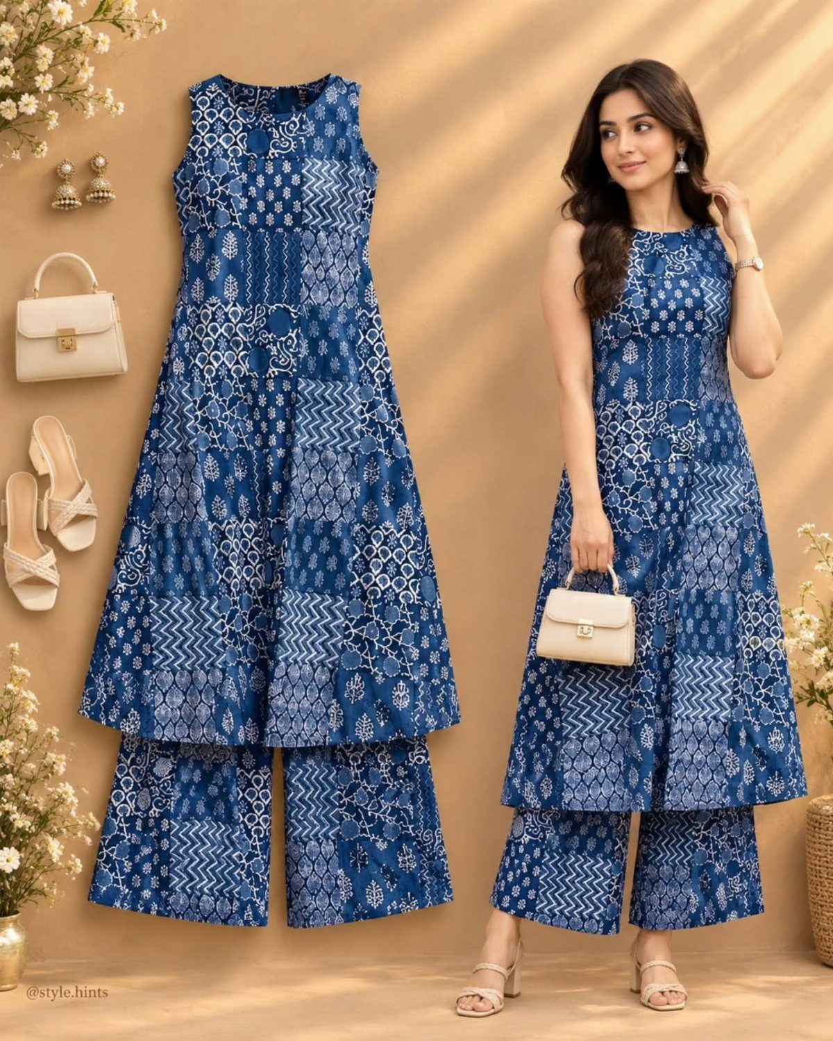 Woman wearing a blue patterned tunic and wide-leg trousers with matching accessories.