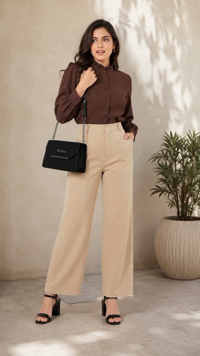 A woman posing in a brown blouse and beige wide-leg tailored trousers with a black handbag.
