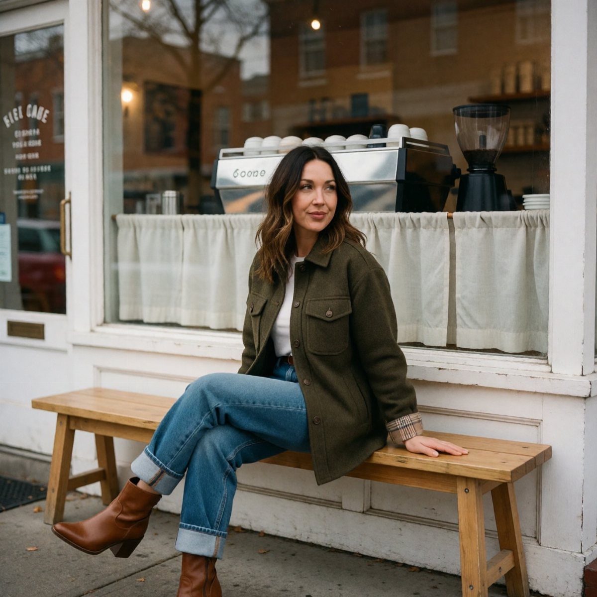Woman wearing an olive green shacket, blue jeans, and brown leather boots sitting on a bench.