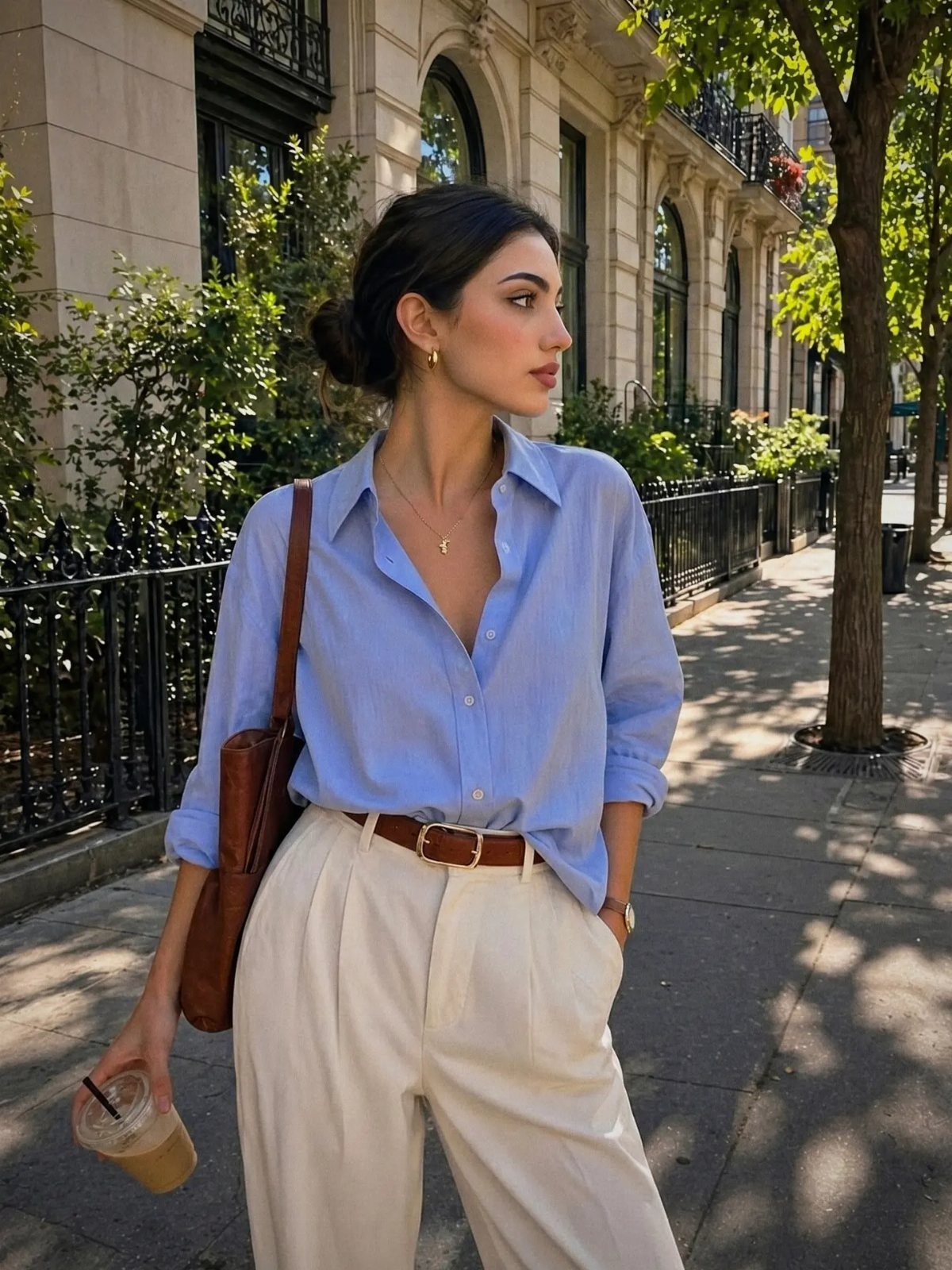 Woman in a blue button-down shirt and white trousers standing on a sunny city sidewalk.