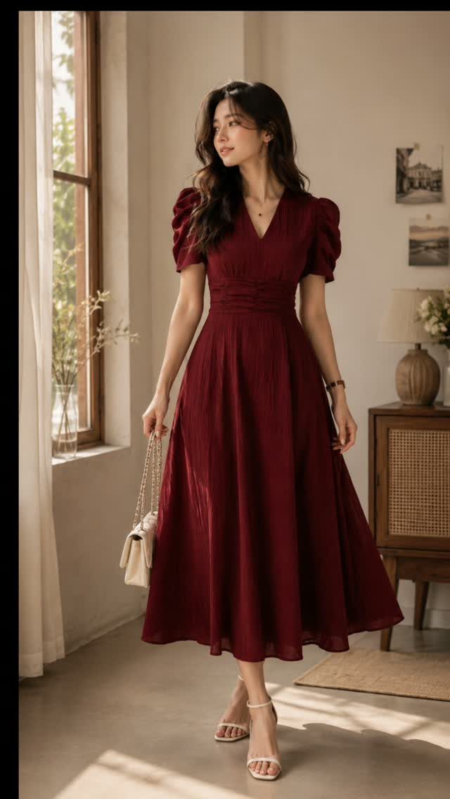 Woman in a dark red midi dress and white strappy sandals holding a small white handbag.