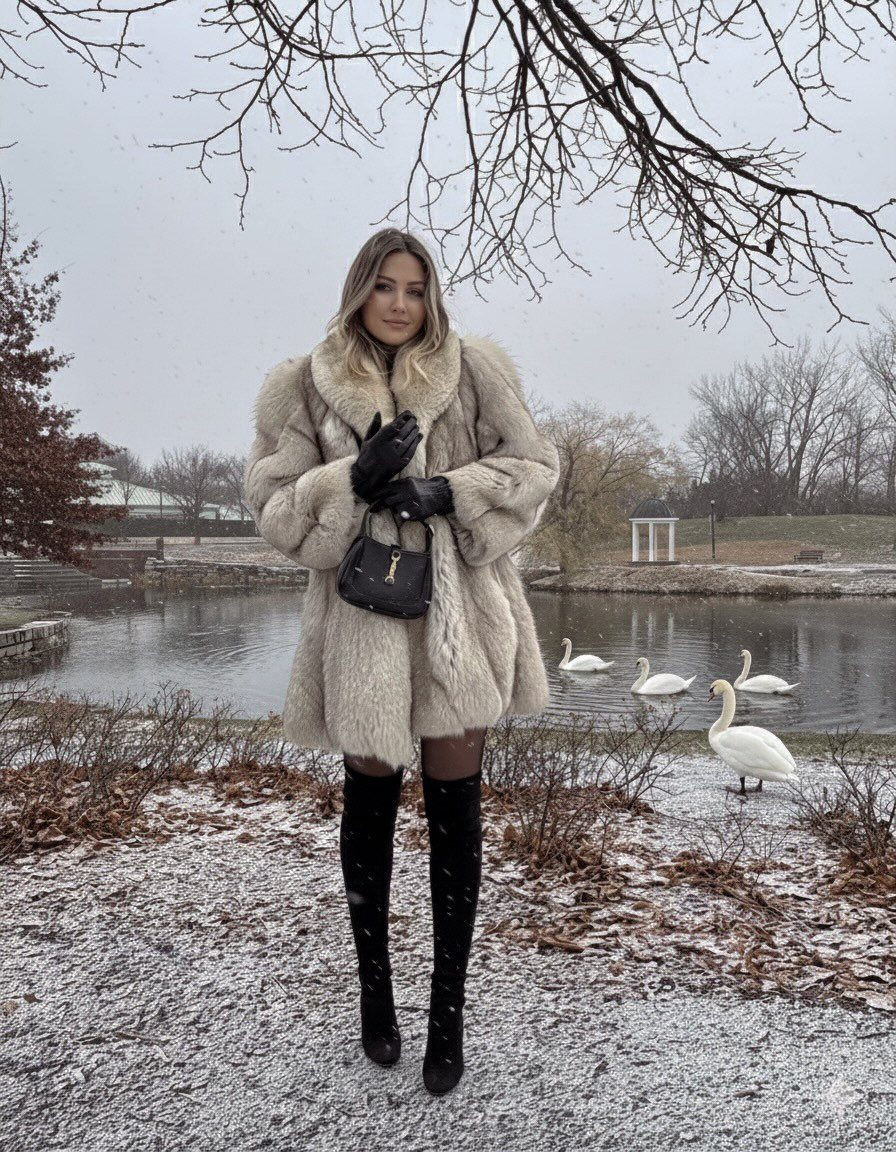 Woman wearing a thick beige fur coat and black boots standing by a snowy lake.