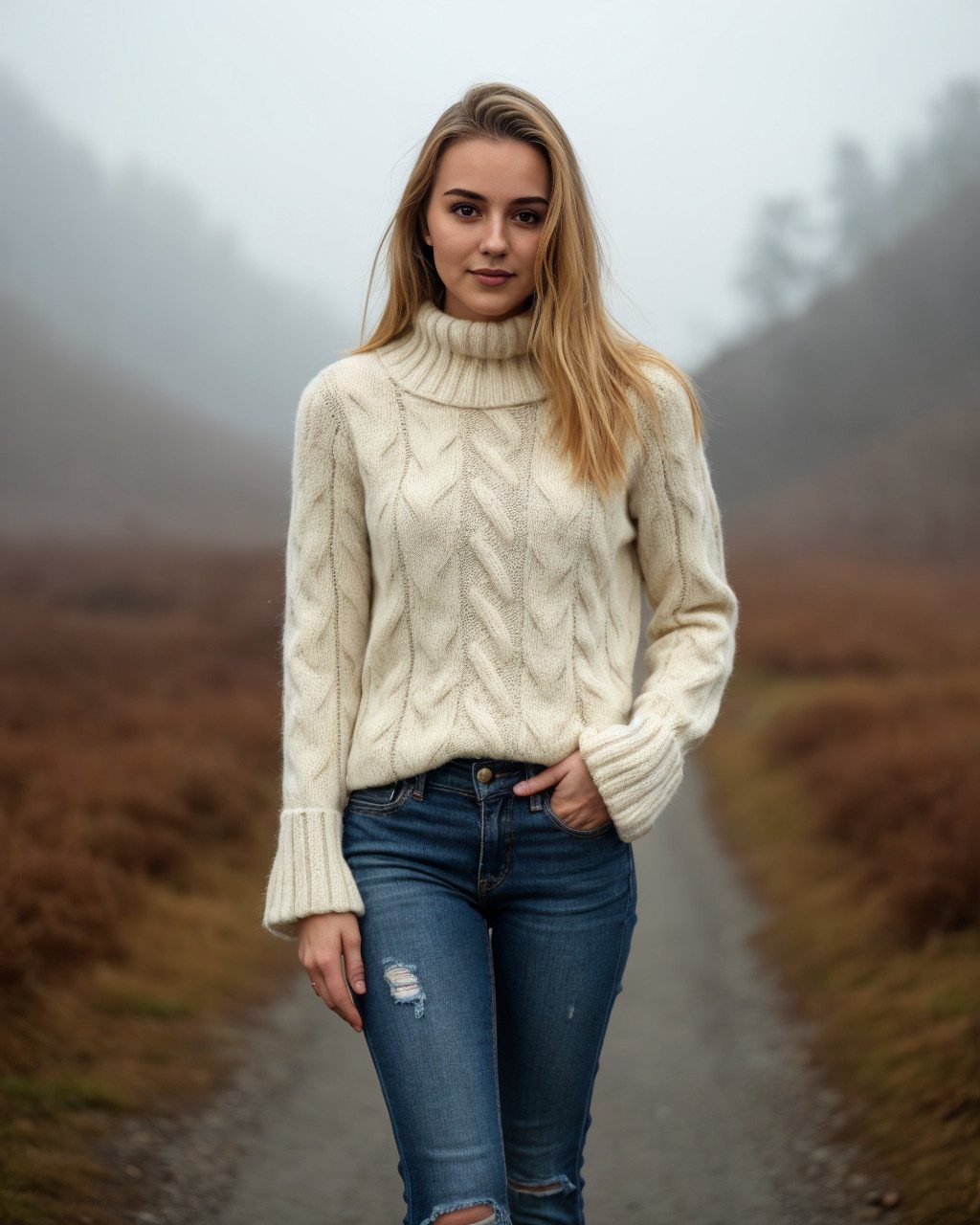 A woman wearing a cream chunky turtleneck cable-knit sweater and blue jeans outdoors.