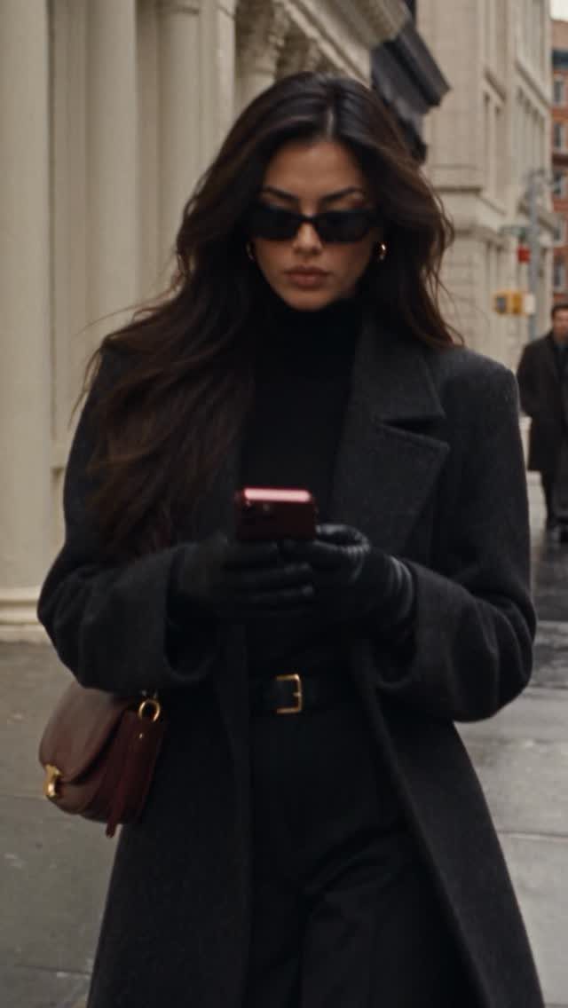 A woman in a black turtleneck and long black overcoat uses her phone outdoors.