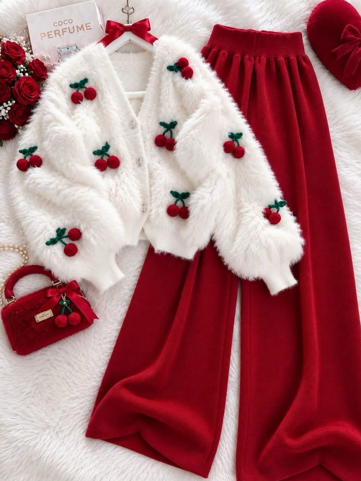 White cherry-embroidered fuzzy cardigan and red velvet trousers laid out with matching accessories.