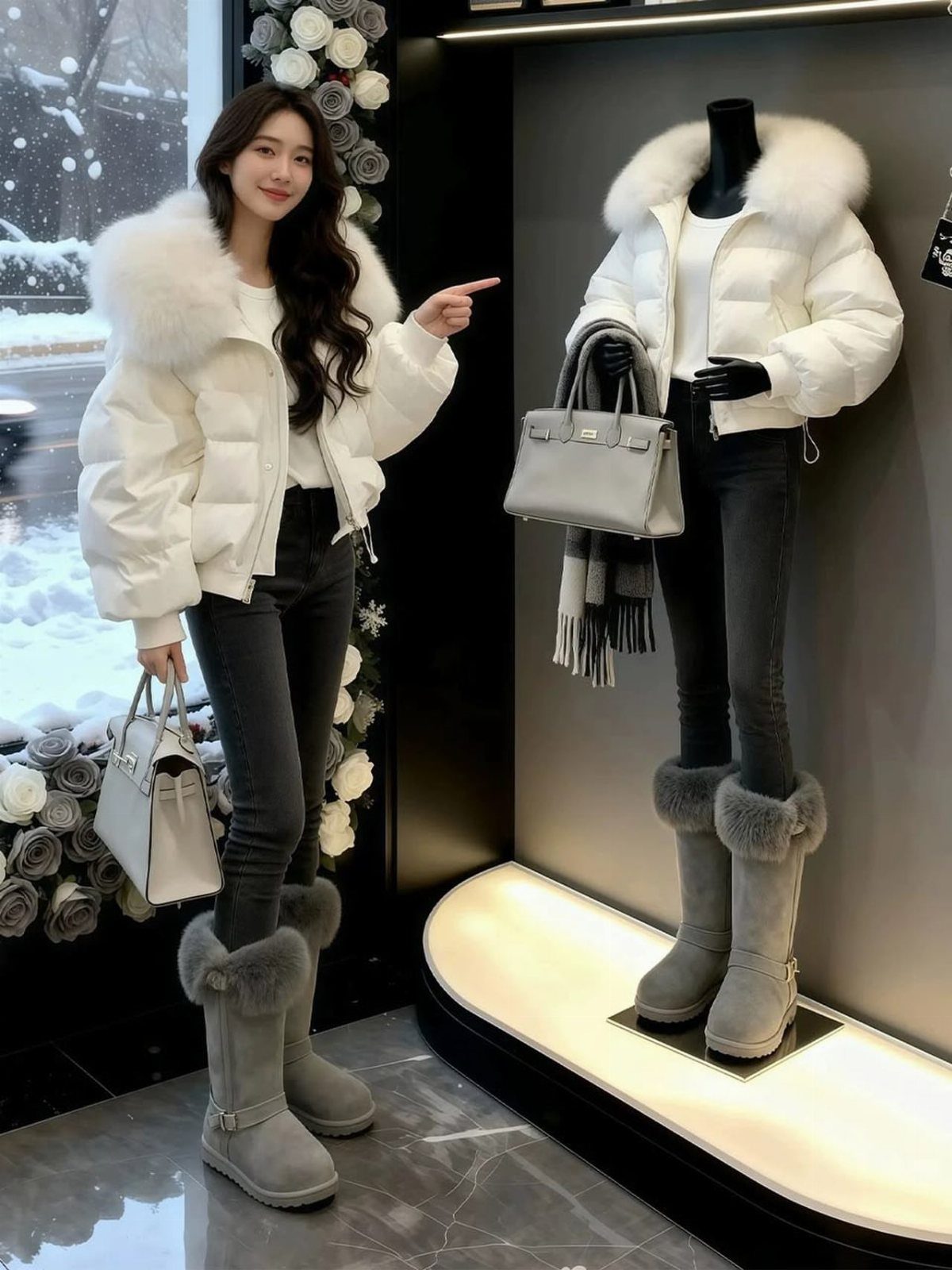 A woman in a white quilted jacket, dark jeans, and grey fur-lined boots standing by a mannequin.