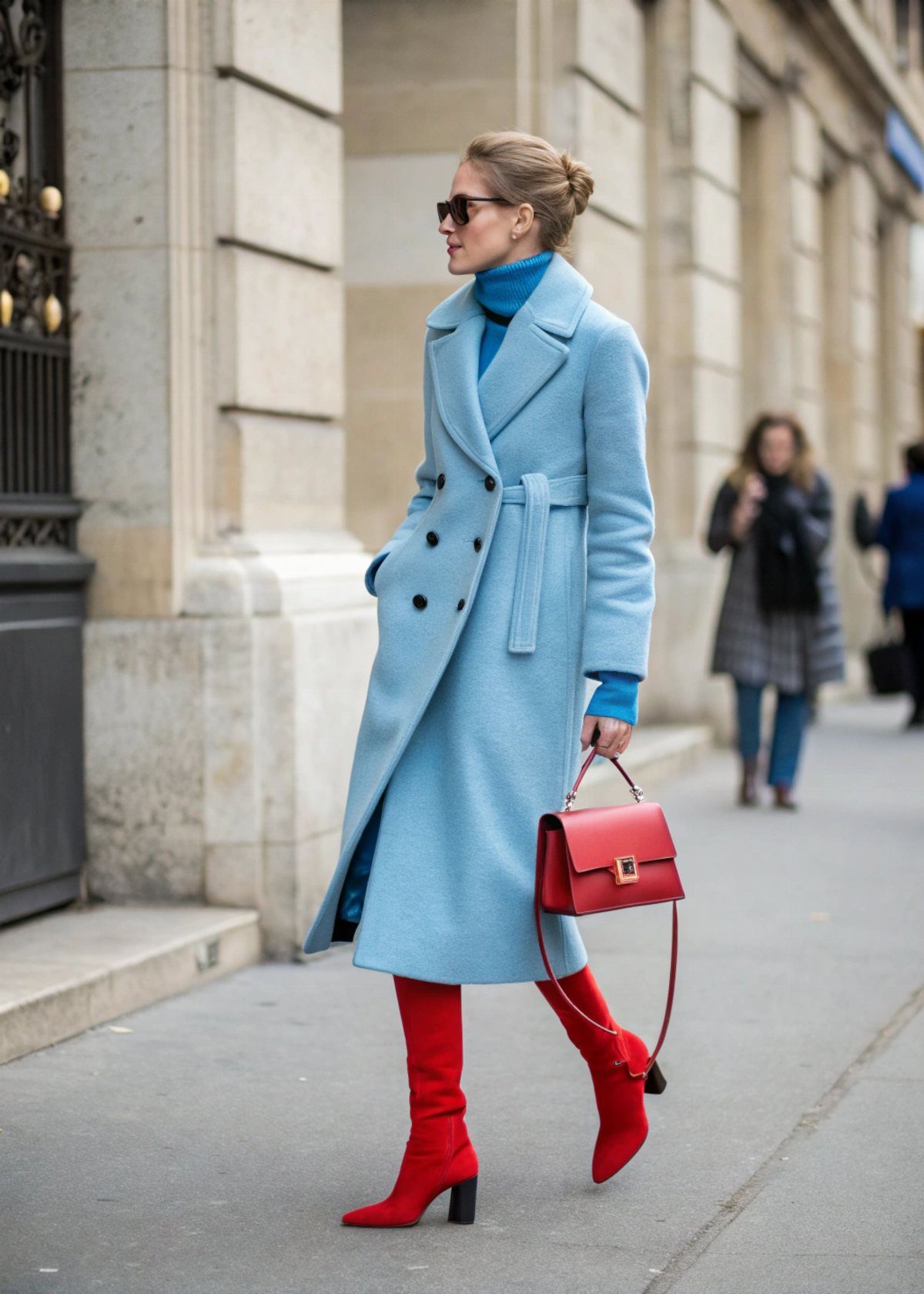 Woman walking in a light blue coat with bright red boots and a red handbag.