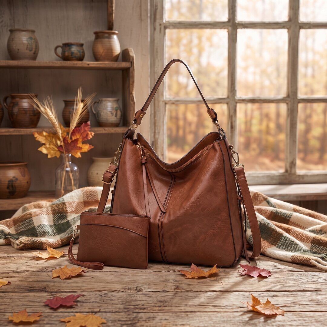 Brown leather handbag and matching small pouch on a rustic wooden table with autumn leaves.