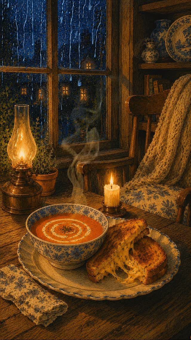 Steaming tomato soup and grilled cheese sandwich on a wooden table by a rainy window.