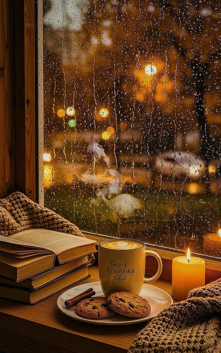 A warm mug of coffee, cookies, and books sit on a windowsill during a rainy evening.