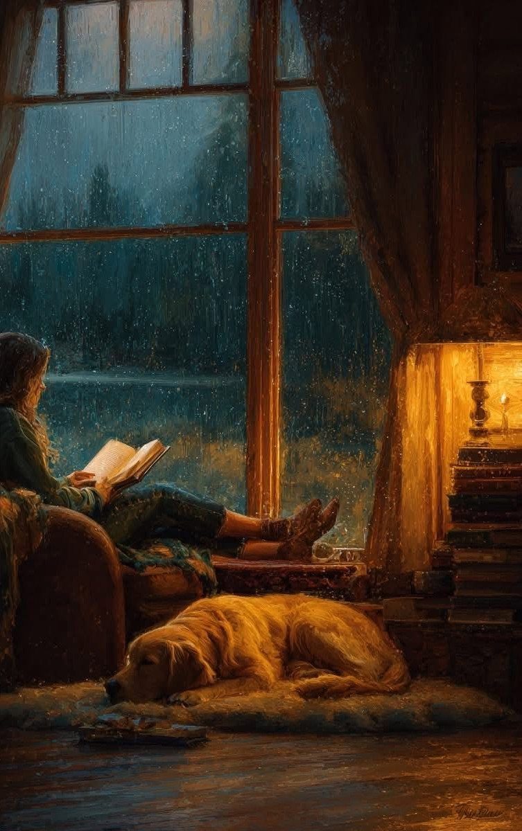 A person reading a book by a rainy window with a dog resting nearby.