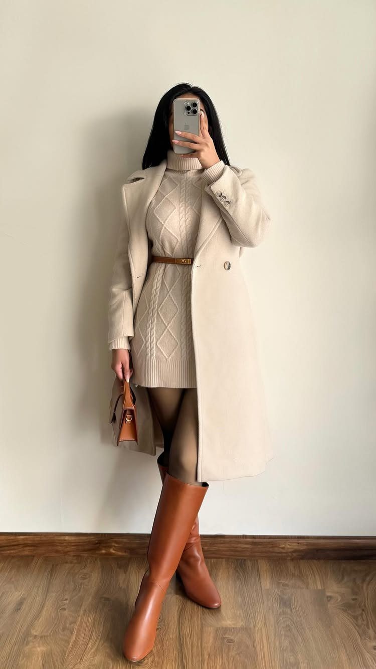 A person wearing a cream cable-knit sweater dress with tall tan leather boots.