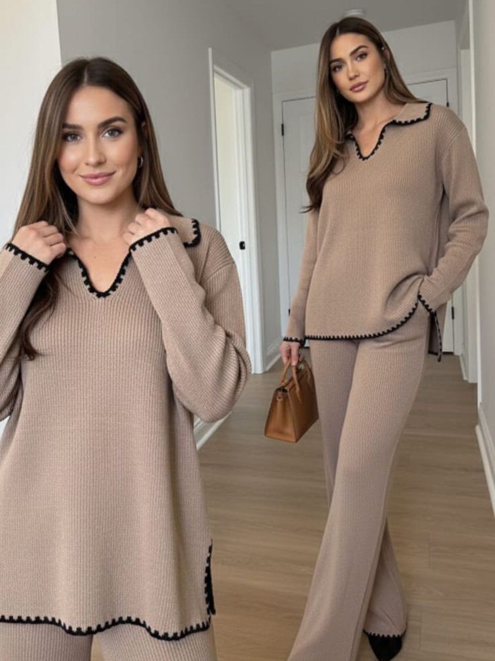 Woman wearing a beige matching knit sweater and wide-leg trousers with black scalloped trim.