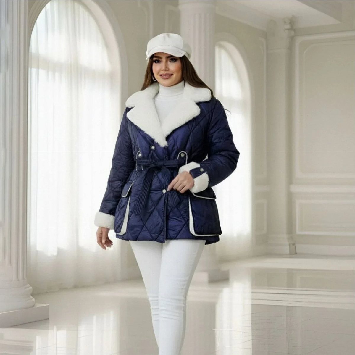 Woman posing in a navy blue quilted jacket with white faux fur trim and white clothing.