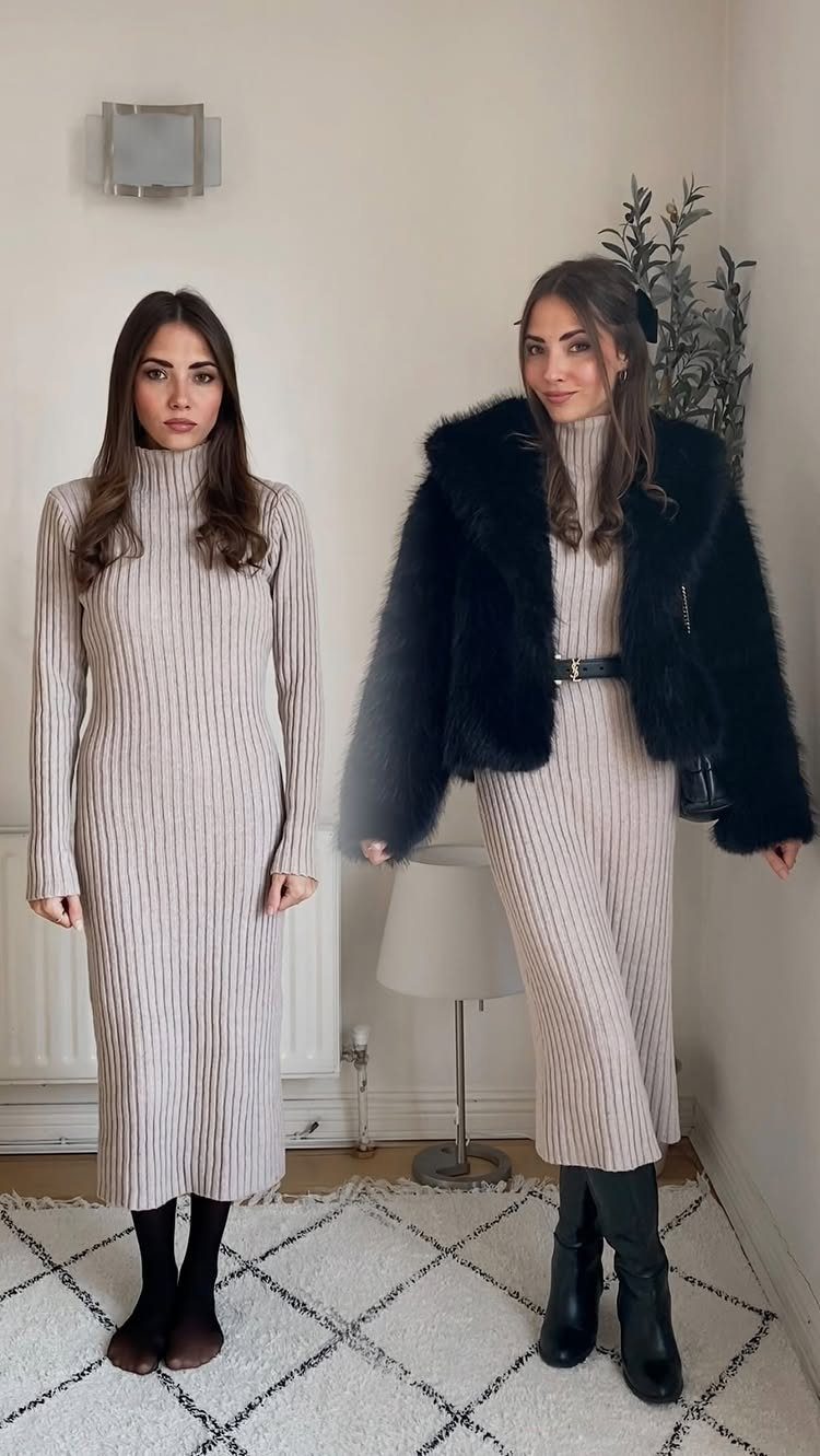 Two women posing in ribbed sweater dresses and tall black boots indoors.