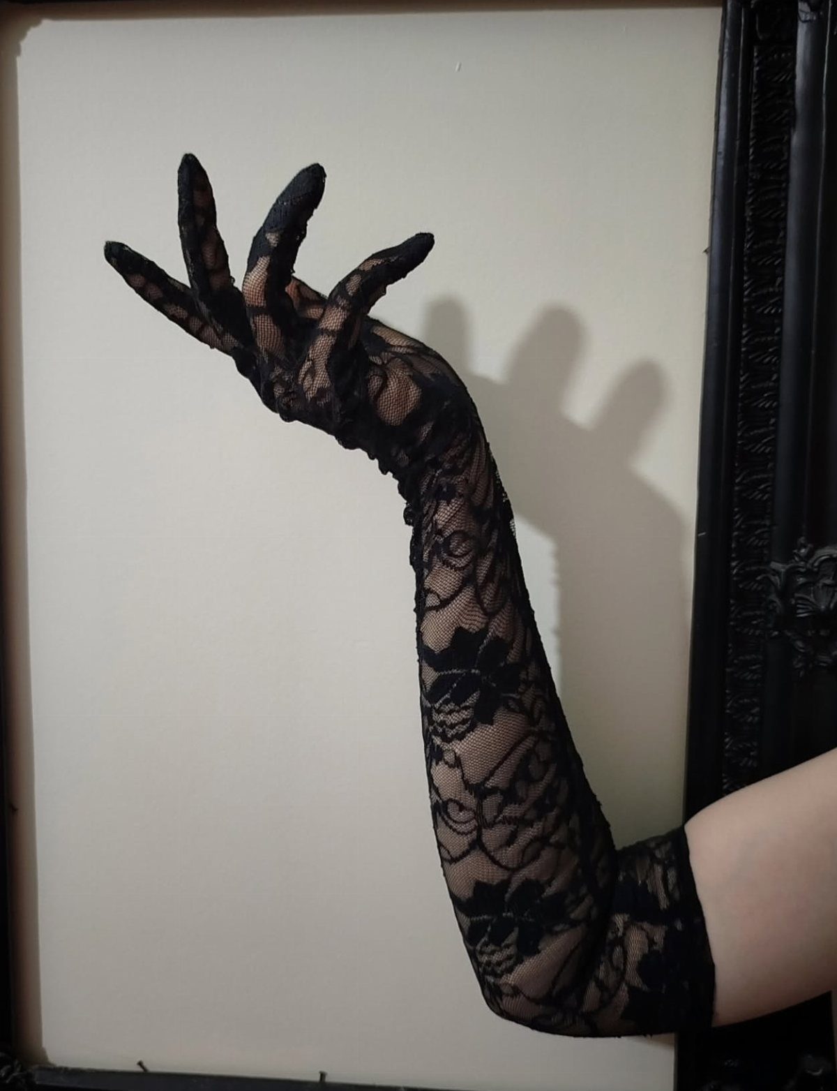 A hand wearing a long black floral lace glove against a white background.
