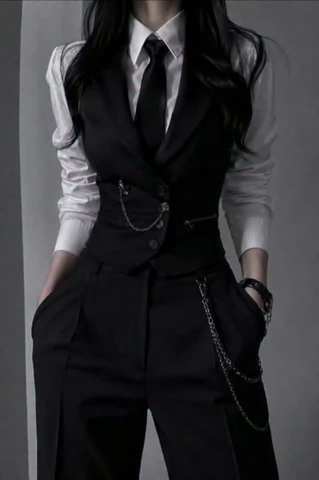 Person wearing a white shirt, black tie, waistcoat with chains, and black trousers.