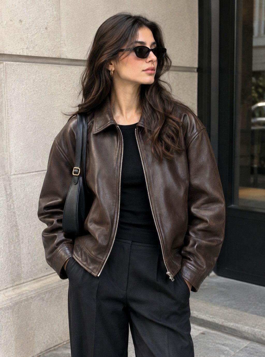 Woman in a brown leather jacket, black top, and black trousers wearing sunglasses.