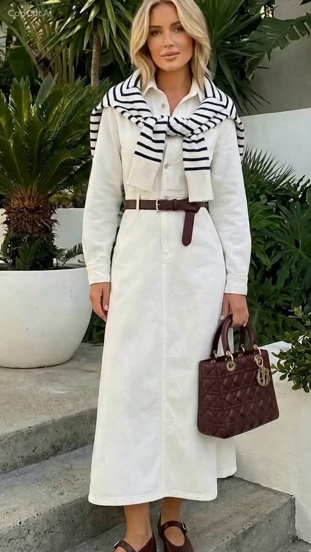 Blonde woman wearing a long white shirt dress with a striped sweater draped over her shoulders.