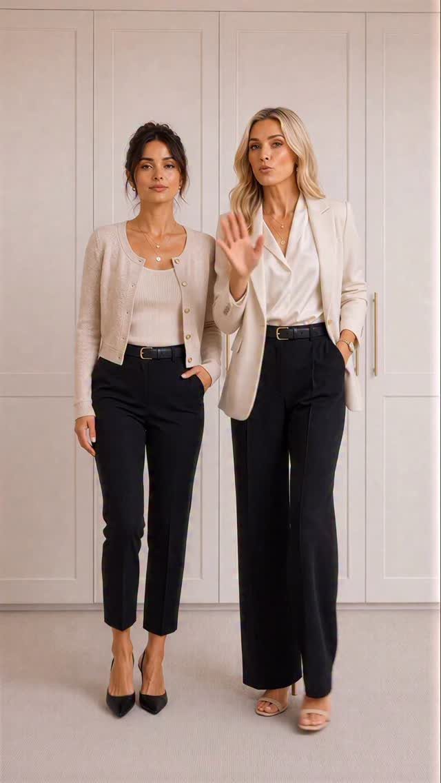 Two women posing in coordinated cream and black outfits against a white paneled background.