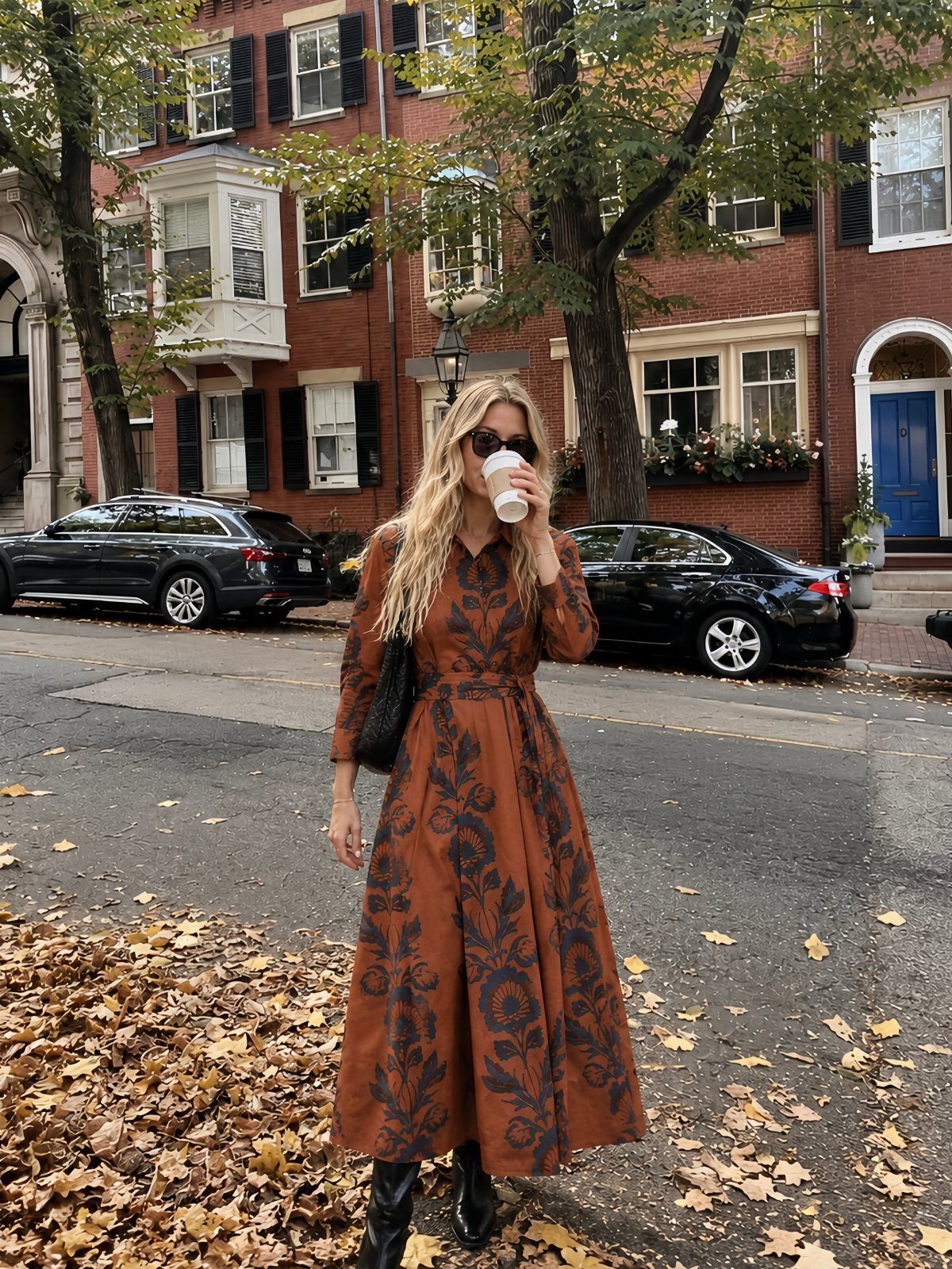 A woman in a long brown patterned shirt dress standing on a street with autumn leaves.