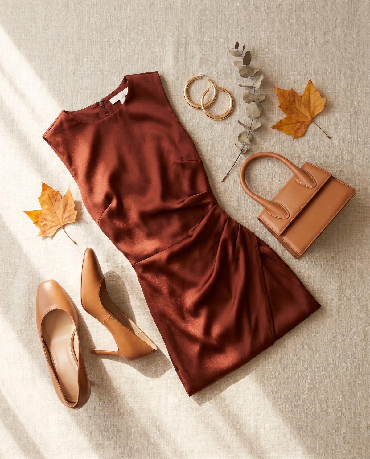 Rust-colored satin dress surrounded by tan accessories and autumn leaves on a beige background.