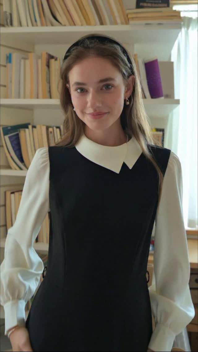 A young woman wearing a black sleeveless dress over a white long-sleeved blouse.
