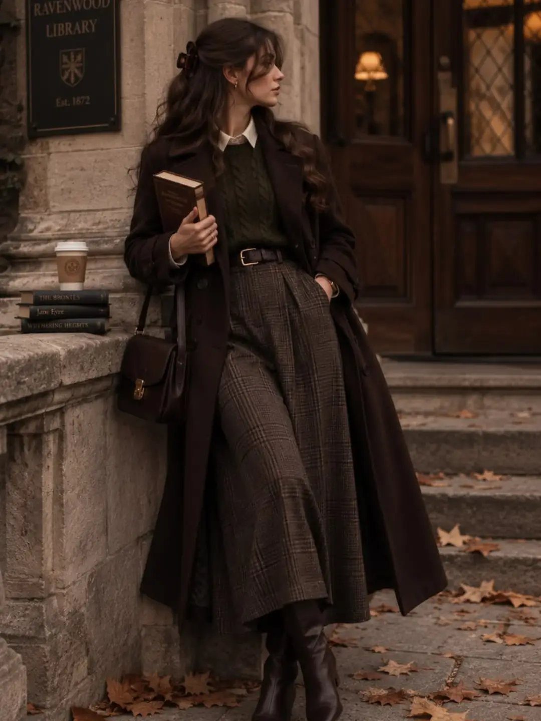 A woman in a long dark coat and patterned skirt stands by a stone building holding a book.