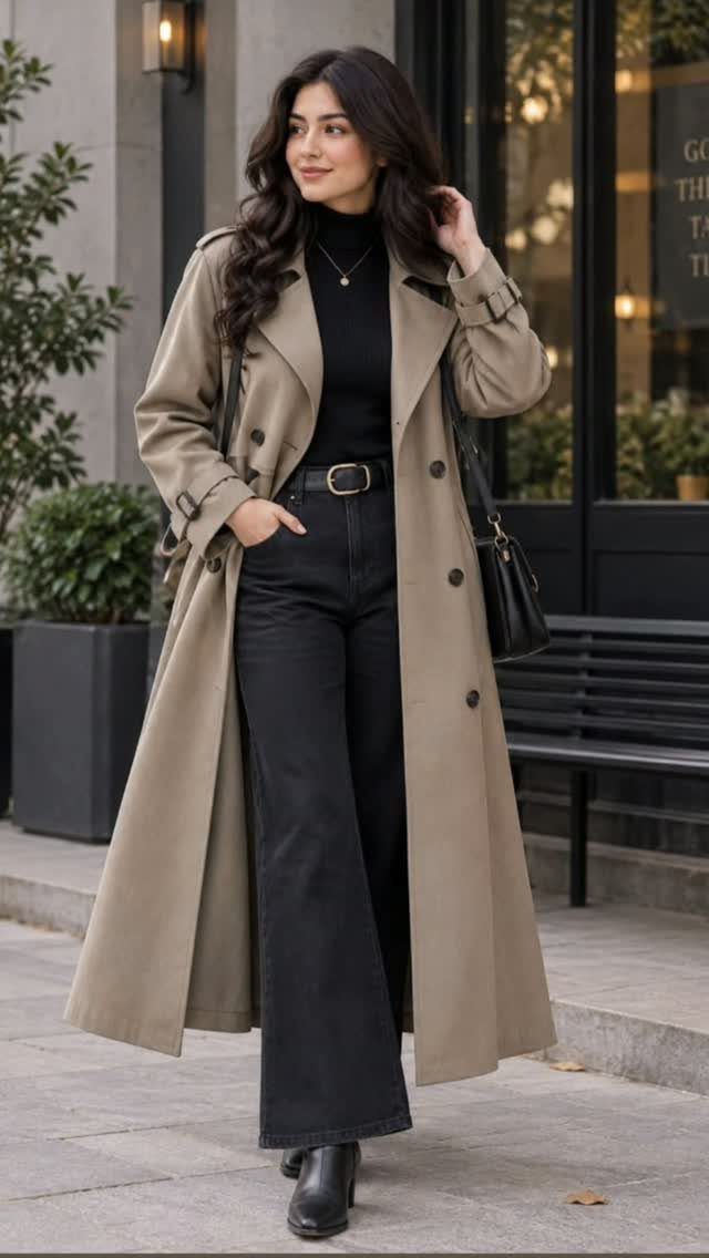 A woman walking in a tan trench coat, black turtleneck, and black wide-leg jeans.