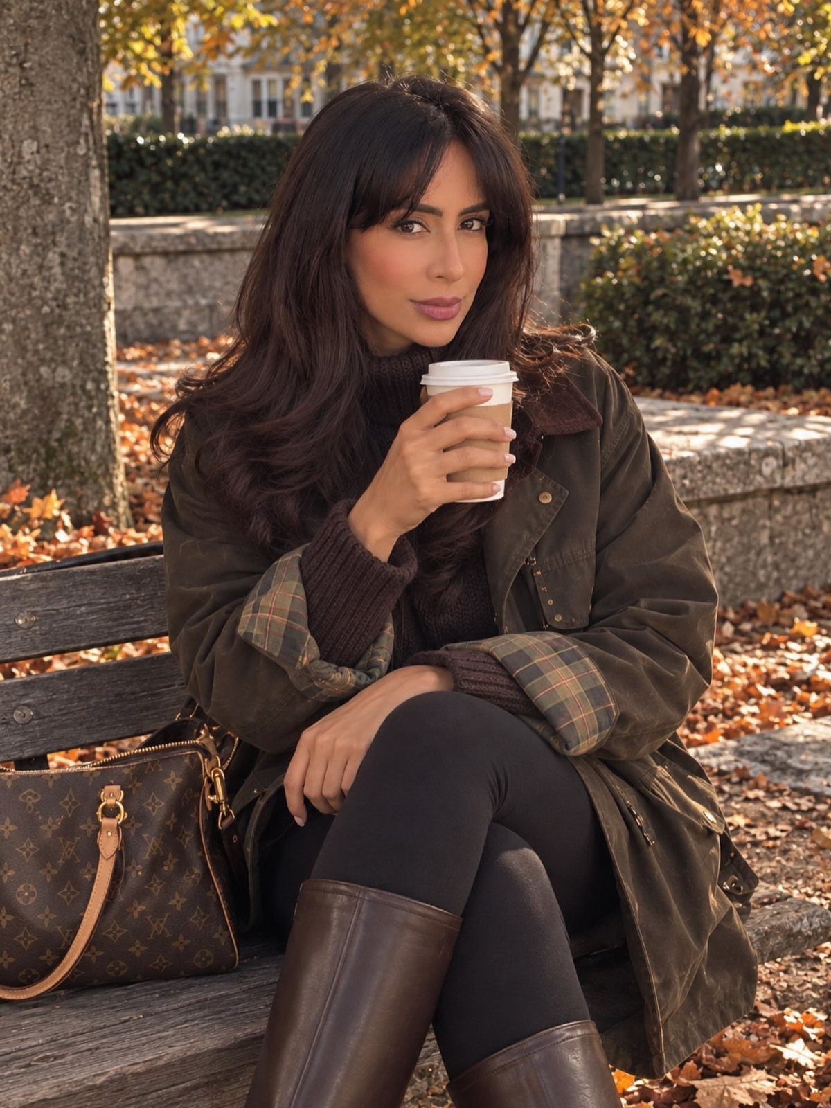 Woman in olive jacket and brown ribbed sweater sitting on a park bench holding coffee.