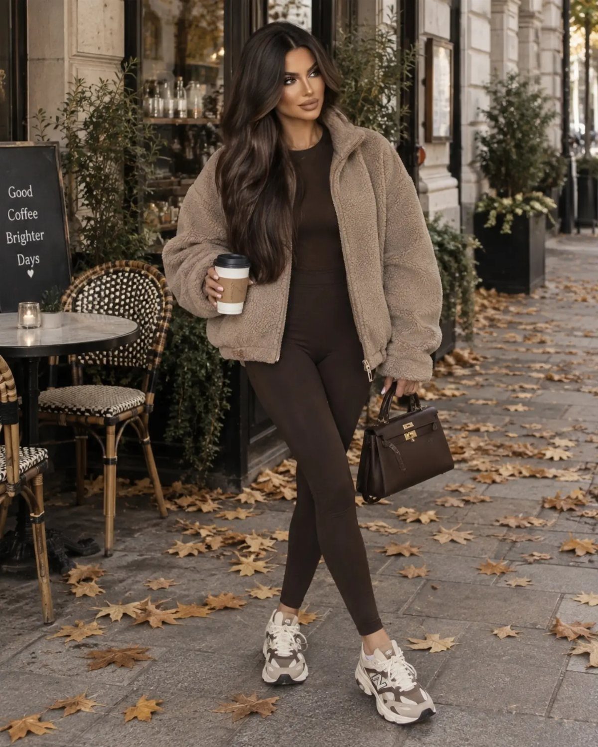 Woman in a brown jumpsuit and beige fleece jacket walking through fallen autumn leaves.